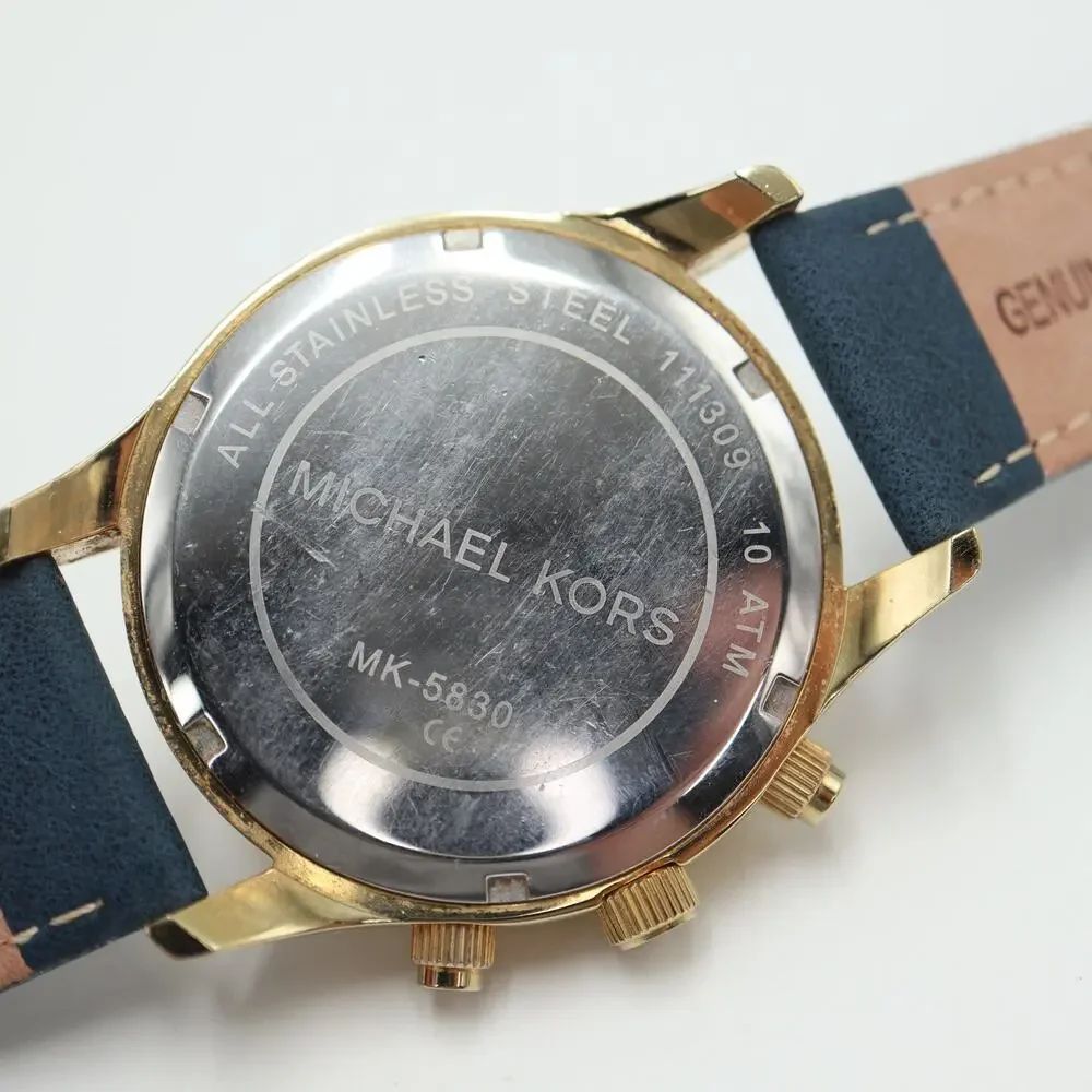 Michael Kors Layton Glitz Gold Black Chronograph 44mm Watch Blue Leather Strap